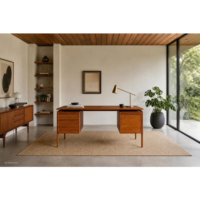 Danish modern teak executive desk manufactured by G.V. Mobler in Denmark during the 1960s. Showcasing the refined...
