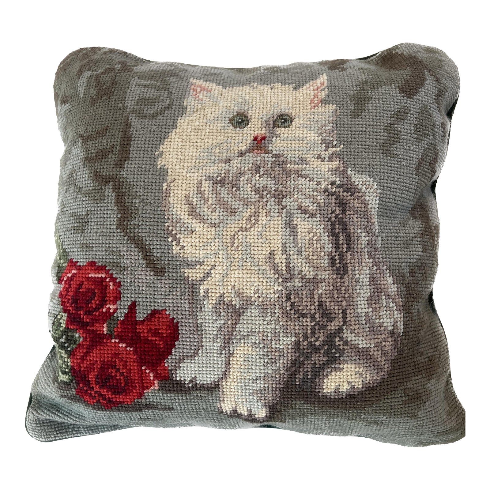 Vintage 1980s Needlepoint Cat Pillow With Red Roses Chairish