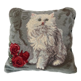 Vintage 1980s Needlepoint Cat Pillow With Red Roses For Sale