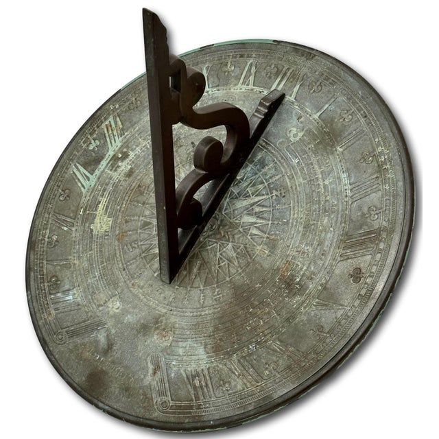 Fine Antique Large 12 Inch Size Solid Cast Bronze Sundial With Extensivly Detailed Calibrations Circa Early 1900s For Sale - Image 10 of 18