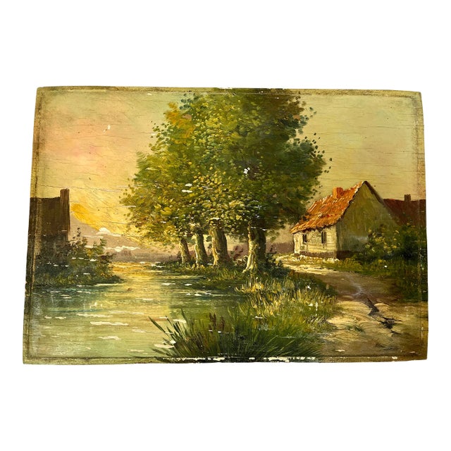 Vintage European Cottage Landscape Oil Painting For Sale
