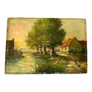 Vintage European Cottage Landscape Oil Painting