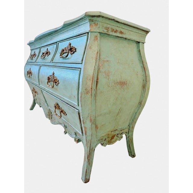 Turquoise Hooker Furniture Turquoise Bombe Dresser – Hand Finished 7 Drawer French Provincial Chest, Ornate Gold Hardware For Sale - Image 8 of 11
