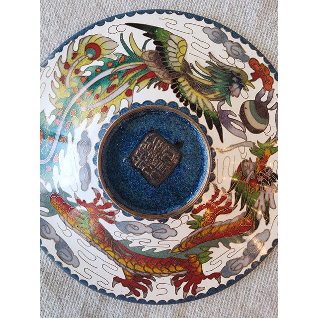 Early 20th Century Chinese Enamel Cloisonne 6in Plate. Dragon and Phoenix With Square Marking on Back. For Sale - Image 5 of 5