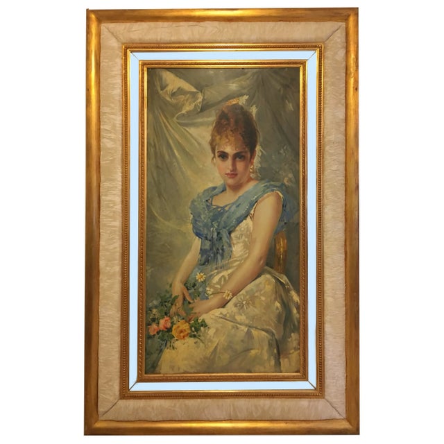 SPRING BEAUTY - Oil on canvas painting by Angelo Granati, Italy 2011 Gold leaf gilded, pleated silk and mirror wooden...