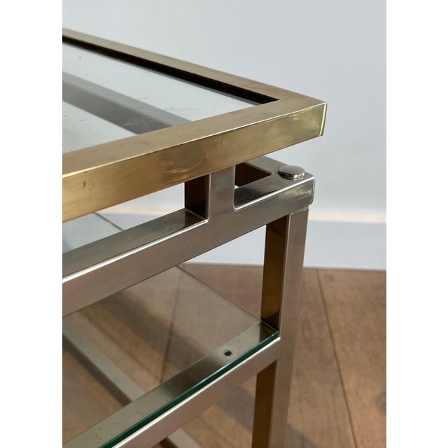 Pair of designer side tables in chrome, brass and glass. French work. Circa 1970. For Sale - Image 9 of 12