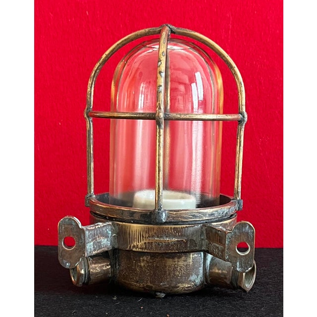 Industrial Vintage Industrial Brass Lamp with Cage and Glass Diffuser, 1950s For Sale - Image 3 of 13