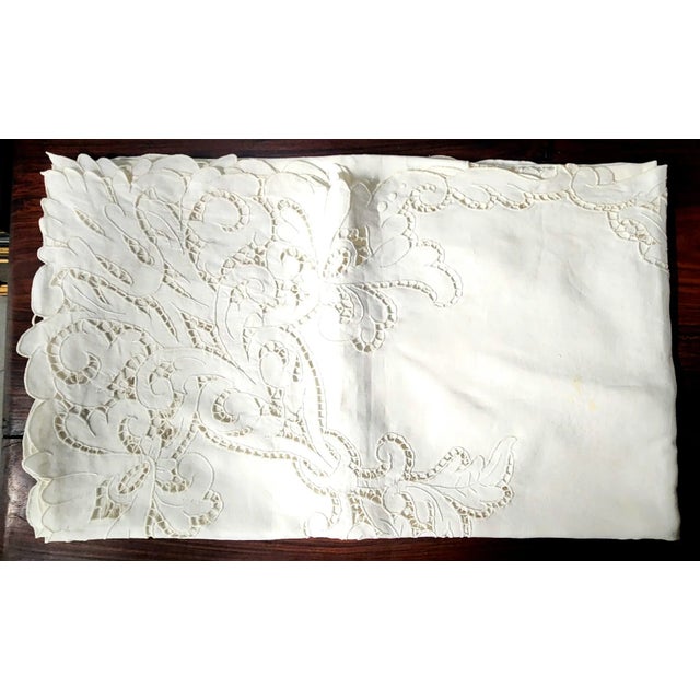 Linen Beautiful Vintage Italian Church Fine Linen Tablecloth W/12 Embroidered Linen Napkins. For Sale - Image 8 of 12