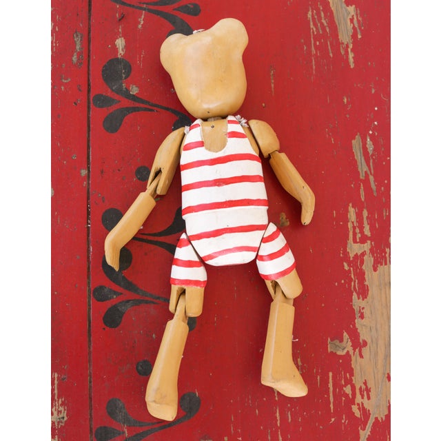 Vintage Wooden Teddy Bear Jointed Red & White Nursery Shelf Sitter Hand Carved Folk Art For Sale - Image 10 of 14