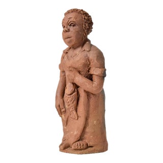 Early 20th Century Earthenware Terracotta Clay Female Figurine With Fish Malawi For Sale
