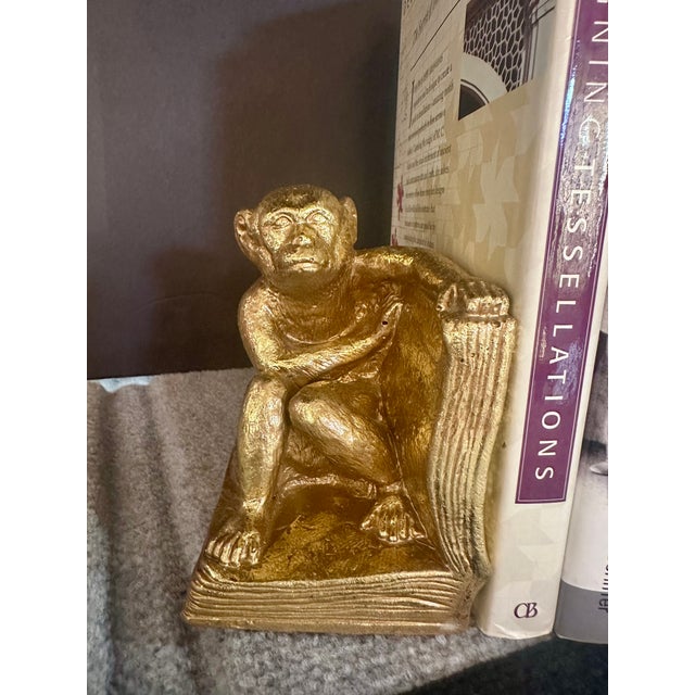 English Pair | Vintage Gold Gilt Monkey Bookends For Sale - Image 3 of 7