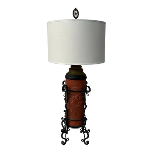 Antique Japanese Terra Cotta Table Lamp With French Iron Work