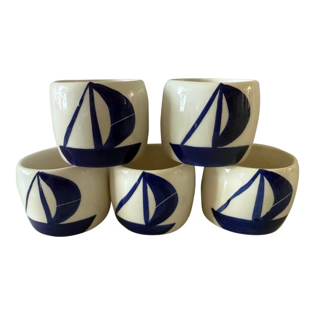 Set of 5 Ceramic Blue and White Napkin Rings With Boat Design For Sale