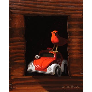 Ambulance Chaser by Shawn Sullivan | Oil on Panel Red bird on a toy ambulance in a wooden frame. For Sale