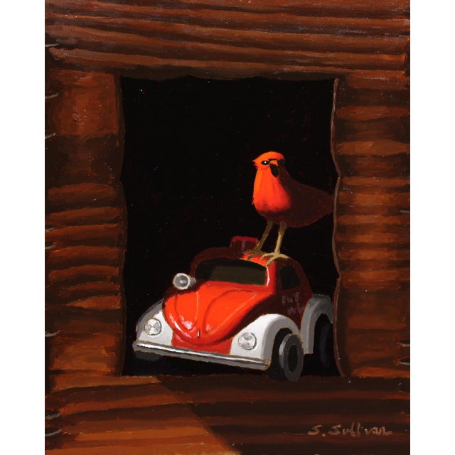 Ambulance Chaser by Shawn Sullivan | Oil on Panel Red bird on a toy ambulance in a wooden frame. For Sale