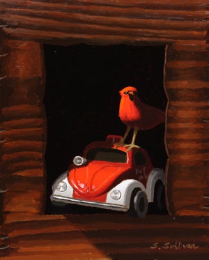 Ambulance Chaser by Shawn Sullivan | Oil on Panel Red bird on a toy ambulance in a wooden frame.