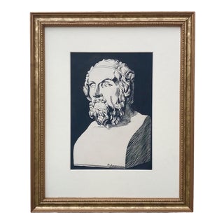 Vintage Pen and Ink Drawing Bust of Greek Philosopher by D. Acquaviva C.1920 For Sale