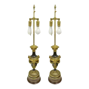 19th Century French Neoclassical Louis XVI Style Bronze Drape Urn Table Lamps - Pair