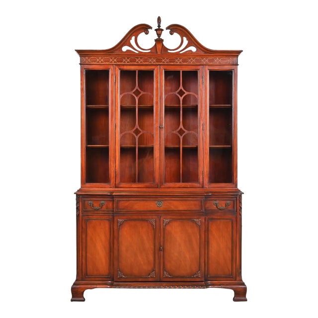 Bernhardt Georgian Carved Mahogany Breakfront Bookcase Cabinet For Sale