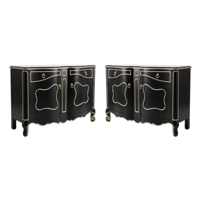 Late 20th Century Late 20th-C. Modern French Louis XV Cabinet in Black and Silver Gilt, Pair For Sale