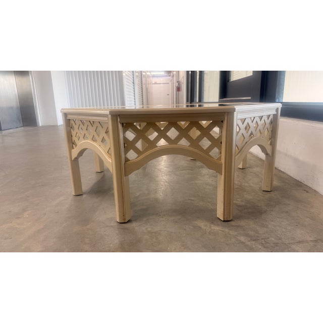 Vintage Broyhill Natural Wood Octagonal Lattice Glass Top Regency Coffee Table For Sale - Image 10 of 10