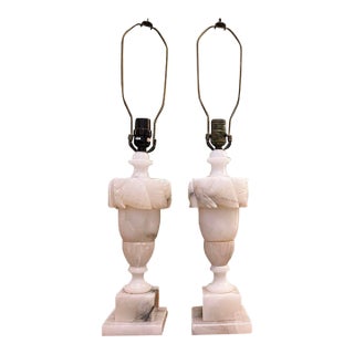 Mid 20th Century Italian Carved Alabaster Neoclassical Table Lamps - a Pair For Sale