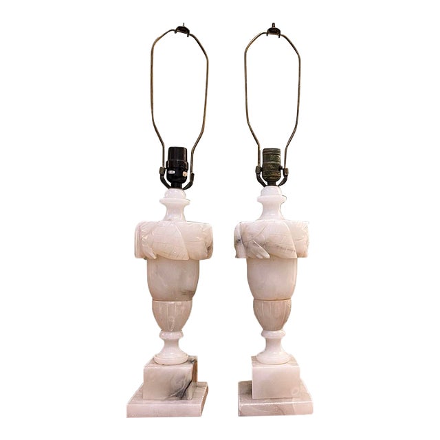 Mid 20th Century Italian Carved Alabaster Neoclassical Table Lamps - a Pair For Sale