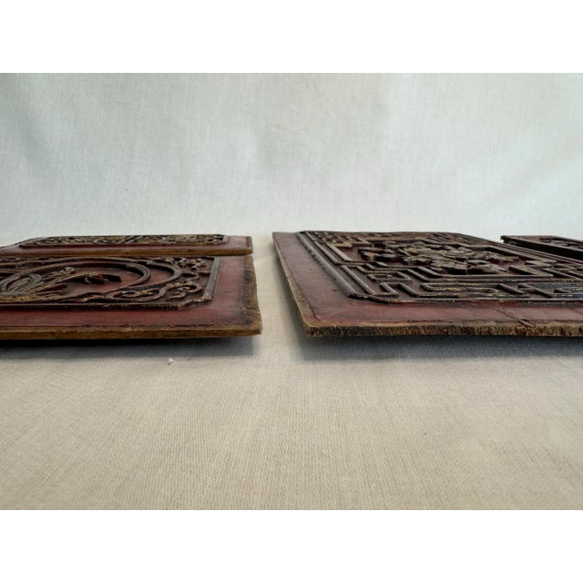 Asian Teak Wood Carved Relief Red & Gold Plaques, Set of 4 For Sale - Image 10 of 10
