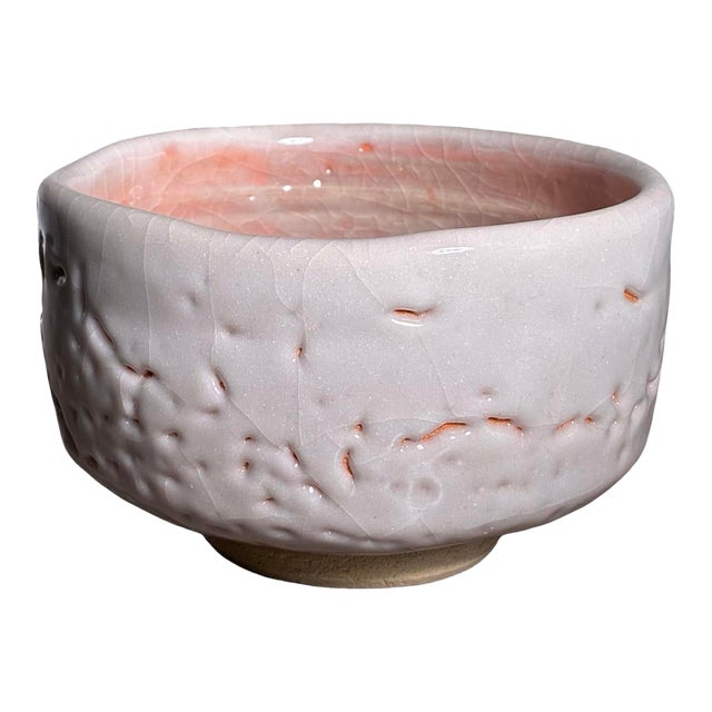 Vintage Japanese Studio Pottery Chawan Tea Bowl in Ivory & Blush Crackle Glaze For Sale