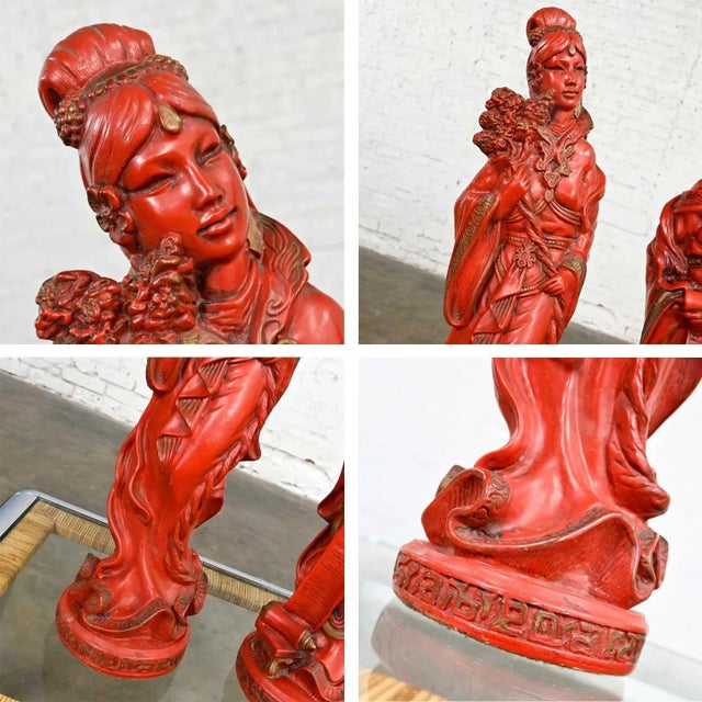 Vintage Asian Style Chinoiserie Faux Cinnabar Large Red Decorative Statues Male & Female For Sale - Image 10 of 13