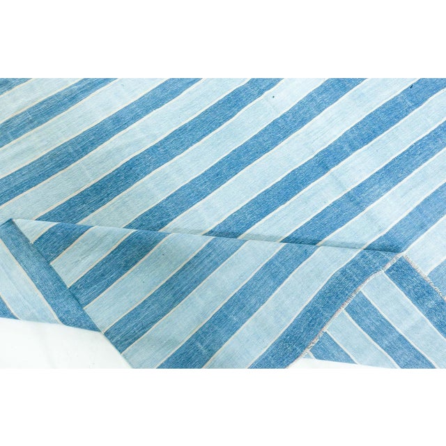 Blue Doris Leslie Blau Vintage Indian Dhurrie Striped Blue Rug For Sale - Image 8 of 9