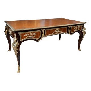 Antique French Napoleon III Bureau Plat Desk in Fine Exotic Wood with Gilded Bronze Inlays, France, 19th Century For Sale