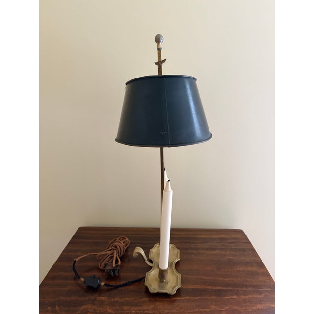 1960s French Provincial Brass Bouillotte Lamp With Black Tole Shade For Sale - Image 9 of 10