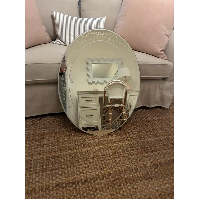 Vintage 1957 Mid-Century Venetian Art Deco Oval Wall Mirror - Frosted & Etched Floral Glass Border, Smooth Wood Backing For Sale - Image 14 of 14