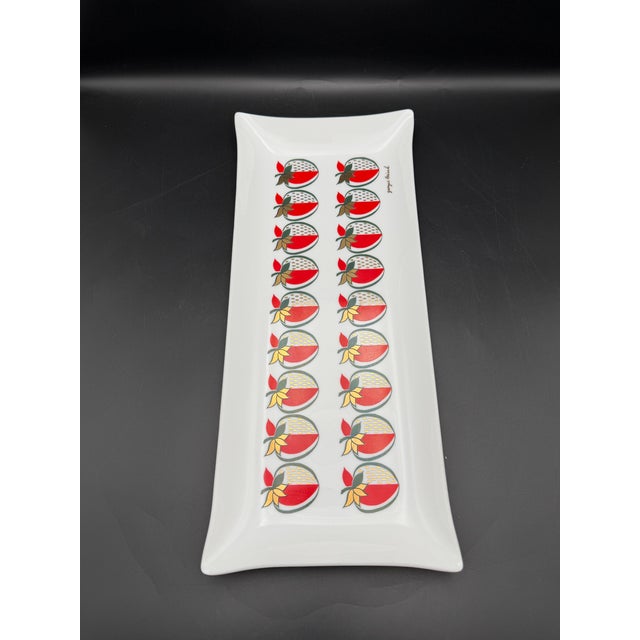 Beautiful vintage Georges Briard rectangular glass serving tray featuring a repeating Mid-Century Modern strawberry motif...