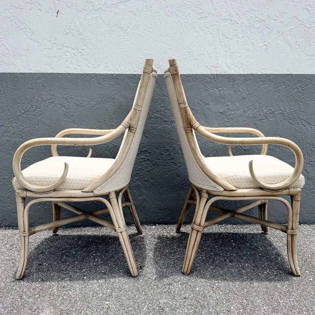 Vintage Coastal Cream and Tan Rattan Dining Arm Chairs by Whitcraft - Set of 6 For Sale - Image 4 of 10