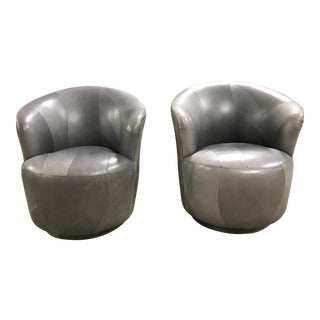1980 Modern Grey Leather Swivel Barrel Chairs - a Pair For Sale