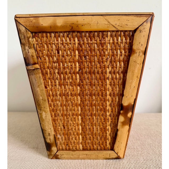 Boho Chic Burnt Tortoise Bamboo Woven Rattan Wastebasket For Sale - Image 3 of 9