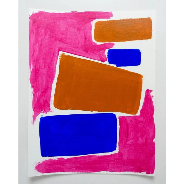 Contemporary 2020 pink, blue and terracotta abstract gouache on paper painting by David Grinnell (21st century) Texas....