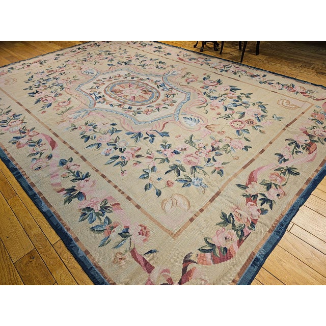 French Late 19th Century French Aubusson Needlepoint Carpet in Floral Pattern in Ivory, Green, Pink, Blue For Sale - Image 3 of 18