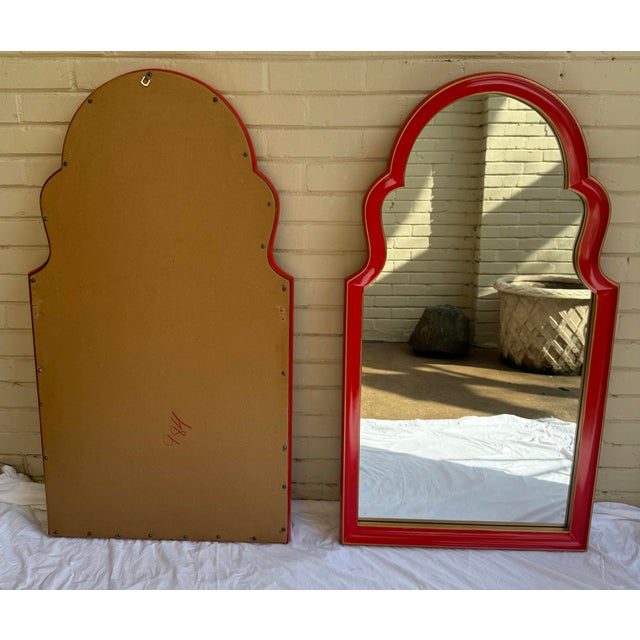 Chic Vintage Mid-Century Arched Top Wall Mirrors in Red With Gilt Accent Newly Painted - A Pair For Sale - Image 9 of 9