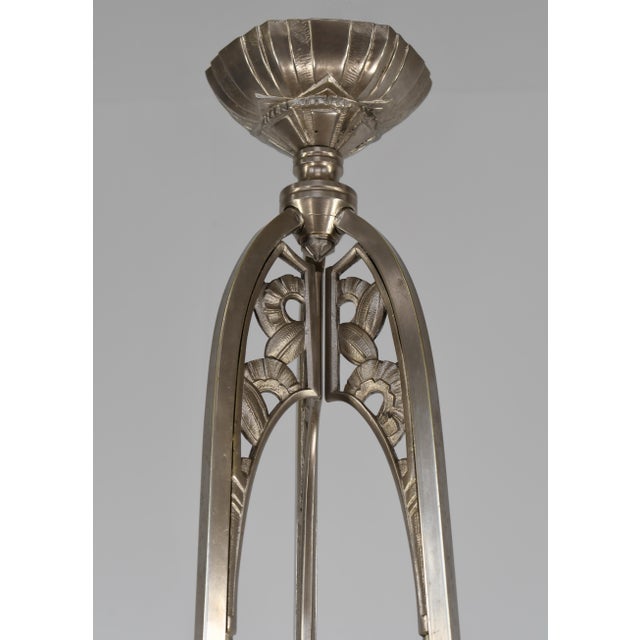 Silver Maynadier French Art Deco Chandelier 1930s Nickeled Bronze & Frosted Glass For Sale - Image 8 of 13