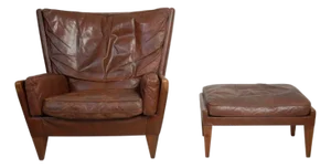 Set of V11 Lounge Chair and Ottoman in Brown Leather by Illum Wikkelsøe, 1960s