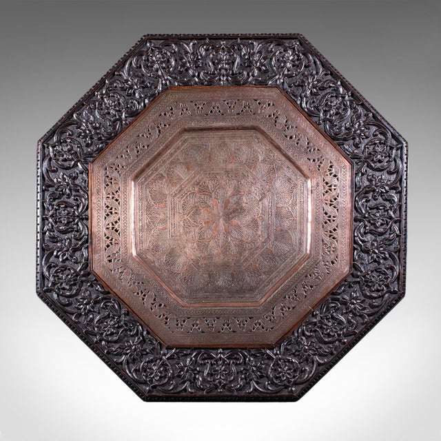 Wood Antique Veranda Tea Table, Indian, Copper Inset, Benares, Occasional, Victorian For Sale - Image 7 of 12
