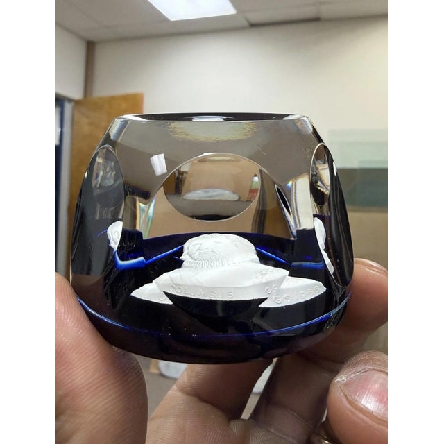 Late 20th Century Late 20th Century Cristal d'Albret France Christopher Columbus Sulphide Paperweight Faceted Blue For Sale - Image 5 of 12