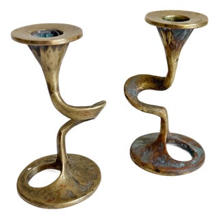 1960s Brutalist Cast Brass Candlesticks by Kurt Jesch for Fratelli Tonini, Italy - A Pair For Sale