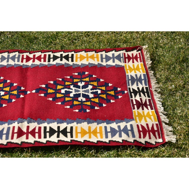 1980 Turkish Red Geometric Oushak Kilim For Sale - Image 9 of 13