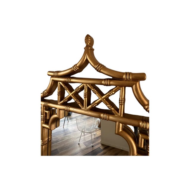 Hollywood Regency Hollywood Regency Gold Chippendale Style Faux Bamboo Greek Key Pagoda Wall Mirror Palm Beach For Sale - Image 3 of 8