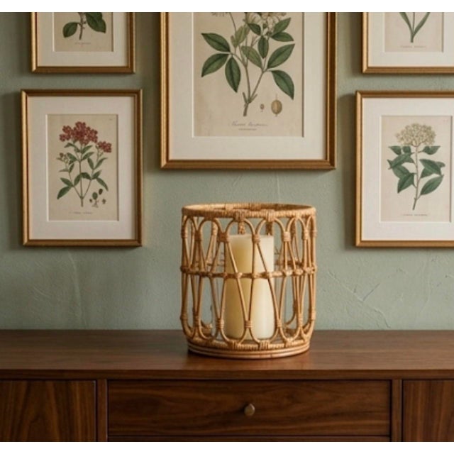 Ecru Vintage Woven Rattan & Glass Hurricane Candle Holder For Sale - Image 8 of 12