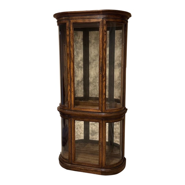 Vintage Illuminated Curved Glass Walnut Curio Cabinet With Smoked Veined Mirror & Adjustable Glass Shelves For Sale